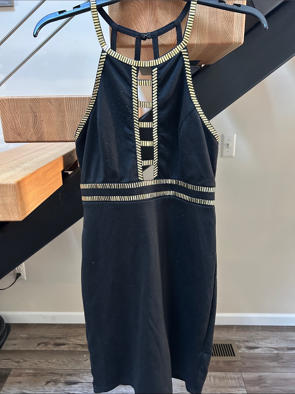 Black Mini Dress with Gold Trim - Halter Ladder Front